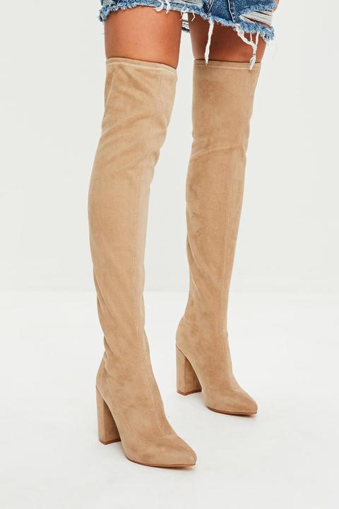 Nude Pointed Faux Suede Over The Knee Boots, Nude