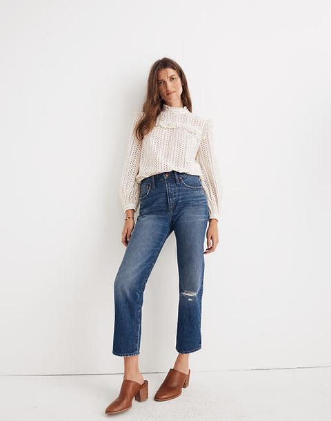 Classic Straight Jeans In Jade Wash: Knee-rip Edition