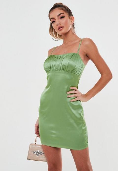 Tall Green Stretch Satin Ruched Bust Mini Dress, Green