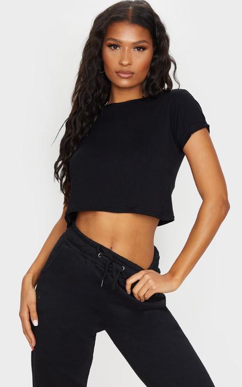 Basic Black Roll Sleeve Crop T Shirt