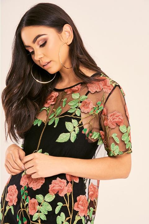 Binky Black Rose Embroidered Mesh Tee Dress