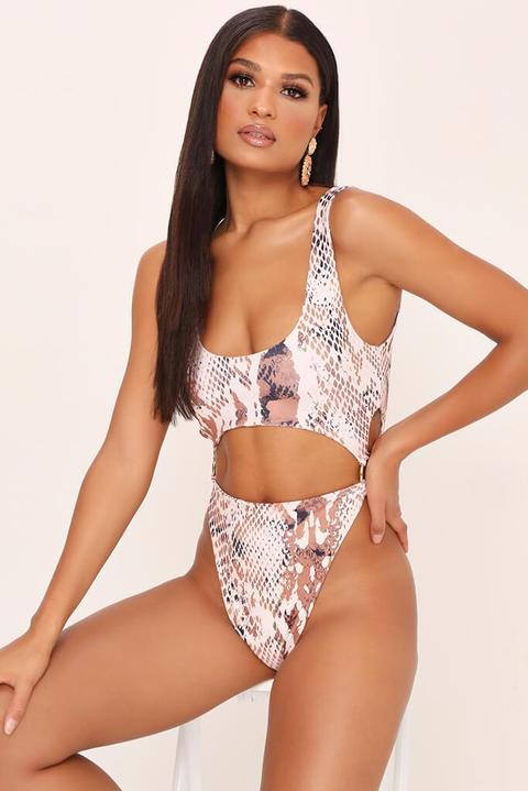 Beige Snake Print Ring Detail Cut Out Swimsuit
