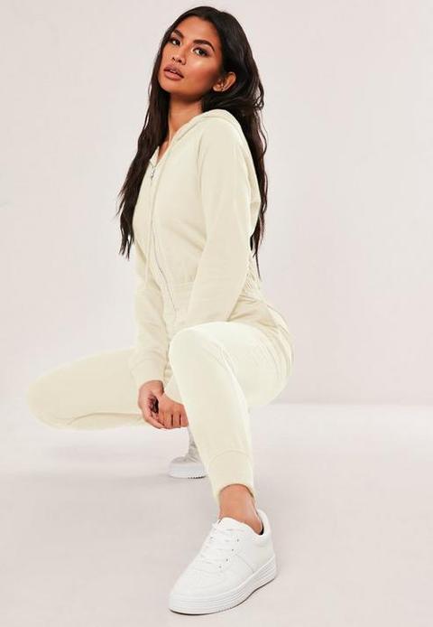 Cream Hooded Zip Up Jumpsuit, Cream