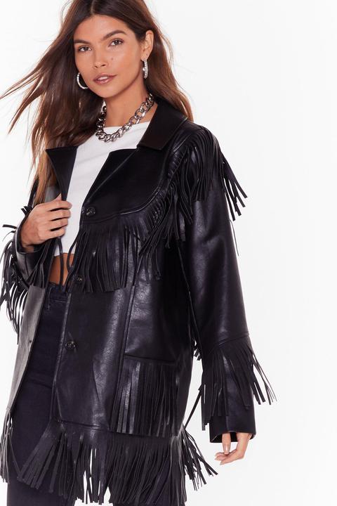 Womens Leather Going Back Fringed Faux Leather Jacket