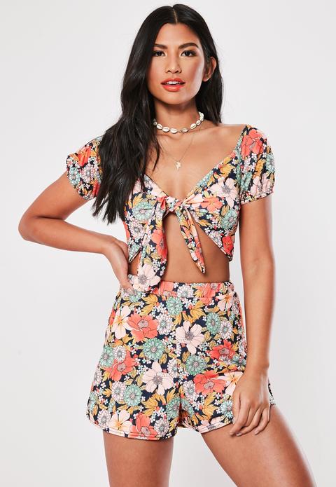 Multicolore Crop Top Rose Fleuri À Col Bateau