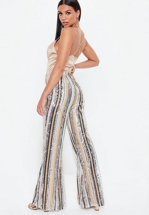 Petite Nude Stripe Sequin Trousers 