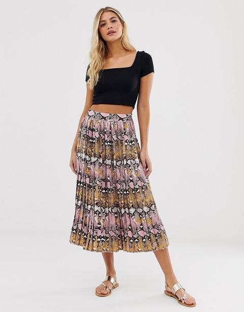 Qed London Pleated Midi Skirt In Snake Print - Pink