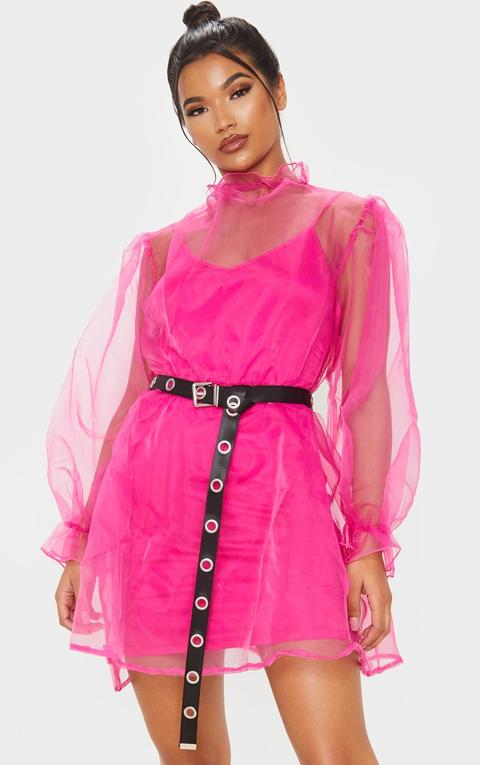 Hot Pink Organza Puff Sleeve Smock Dress