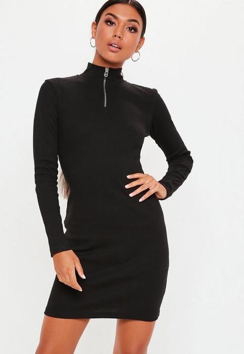 Tall Black Zip Front High Neck Ribbed Bodycon Dress, Black