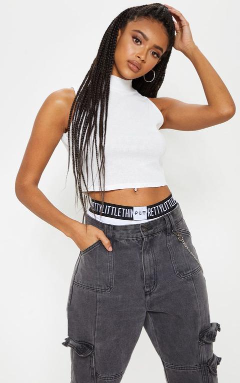 Cream Ribbed High Neck Sleeveless Crop Top, White