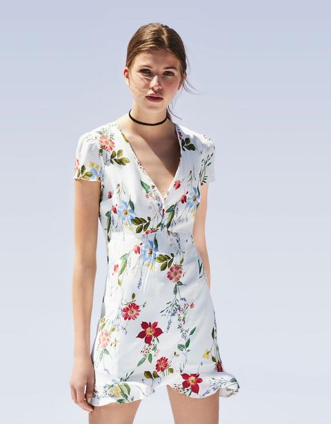 Vestito Bretelle Stampa A Fiori Con Volant