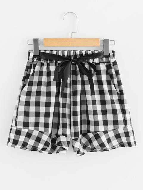 Shorts De Cuadros De Cintura Con Lazo Bajo Fruncido