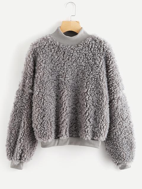 Lantern Sleeve Drop Shoulder Faux Fur Sweatshirt