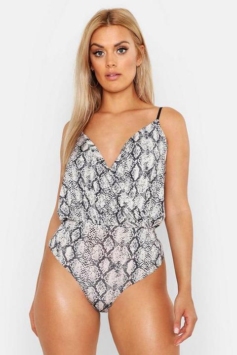 Womens Plus Snake Print Wrap Bodysuit - Beige - 22, Beige