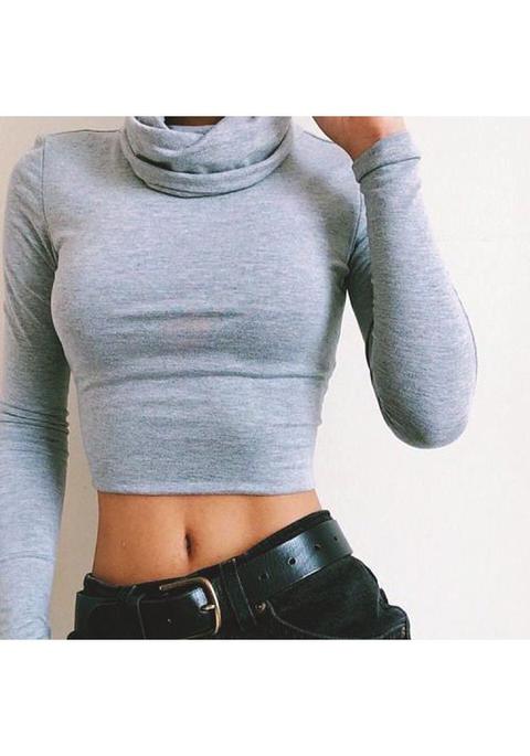 Grey Plain Crop High Neck Long Sleeve Fashion T-shirt