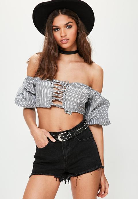 Grey Lace Up Puff Sleeve Stripe Corset Crop Top, Grey