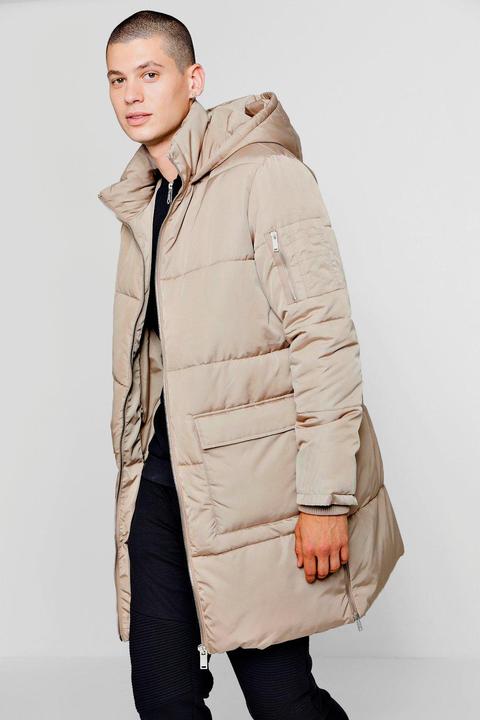 Hooded Longline Puffer With Side Zips