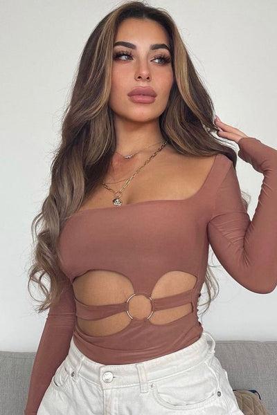 Brown Ring Detail Front Cut Out Bodysuit - Ryelee