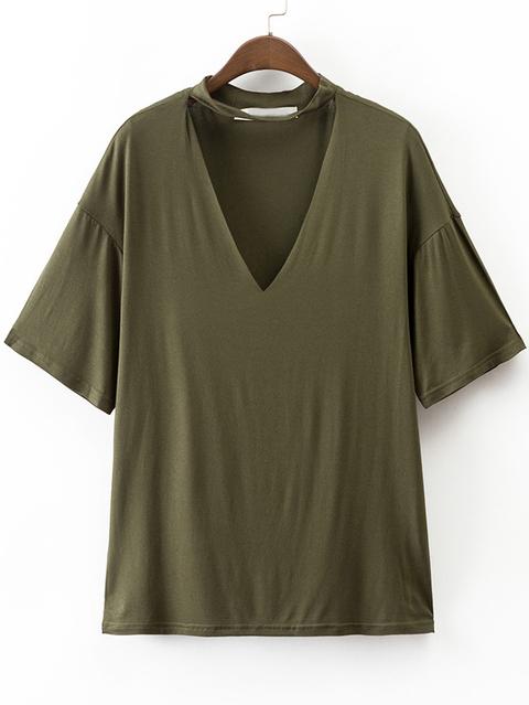 Camiseta Casual Escote V Con Gargantilla Verde Militar