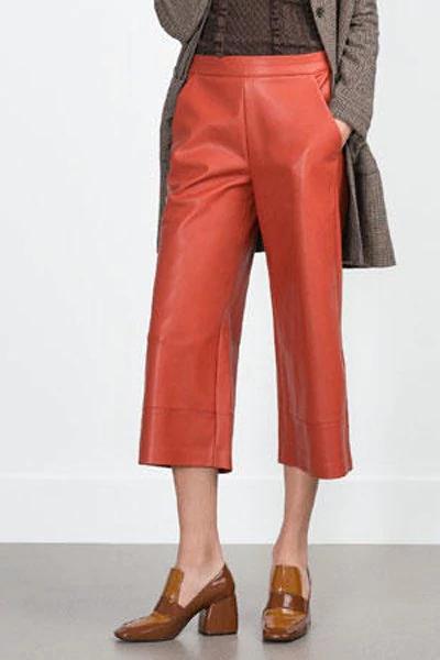 Pu Leather Orange Spliced 3/4 Palazzo Pants