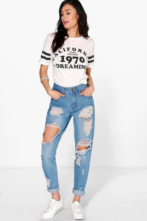 High Waist Light Wash Distress Mom Jeans