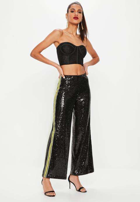 Black Sequin Side Stripe Kick Flared 