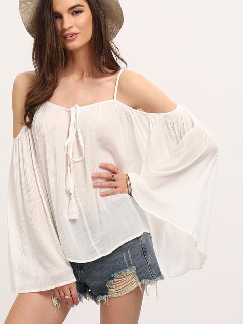 Blusa Tirante Hombro Frío Manga Acampanada -blanco