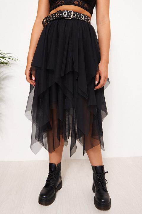 Black Tulle Overlay Layered Midi Skirt