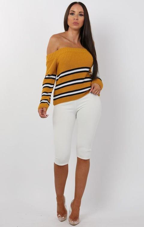 Mustard Striped Bardot Knitted Jumper - Sheena