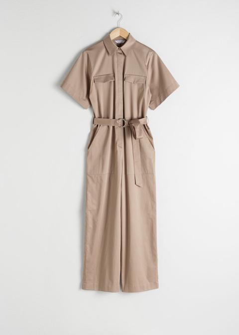 Belted Cotton Workwear Boilersuit - Beige