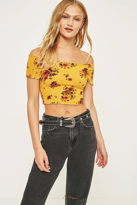 Pins & Needles Picnic Bardot Yellow Floral Off-the-shoulder Crop Top - Womens M
