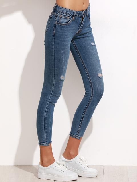 Blue Ripped Asymmetric Raw Hem Skinny Jeans