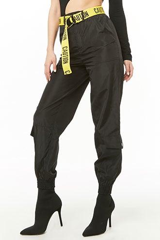 Forever 21 Caution Cargo Wind Joggers Black