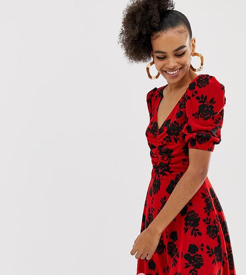 Vestido Skater Fruncido De Malla Con Diseño Floral De Collusion-rojo