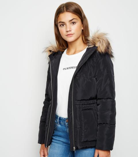 Girls Black Faux Fur Hood Puffer Jacket, Black Coat With White Fur Hood