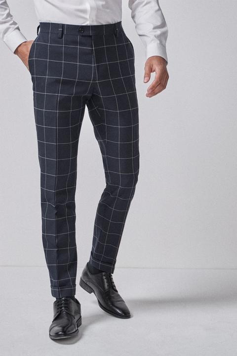 Mens Next Navy Windowpane Skinny Fit Check Suit: Trousers