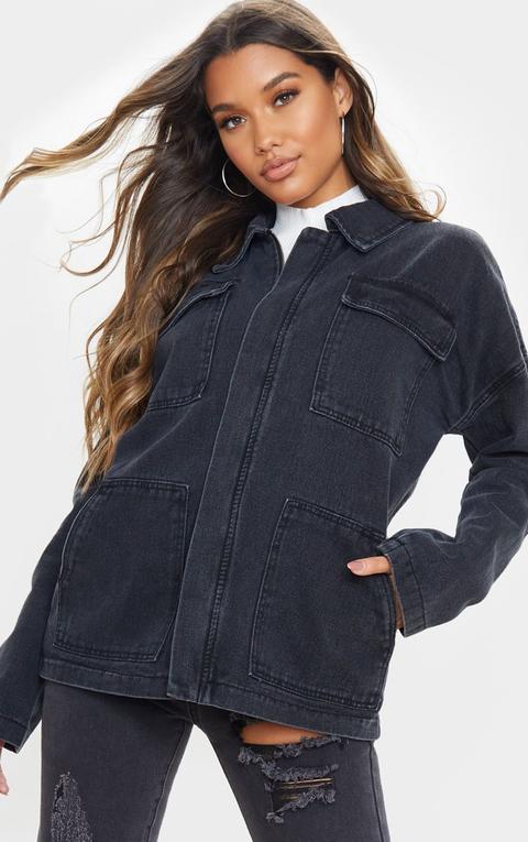 Veste Camionneur En Jean Noir Oversize Style Boyfriend, Noir