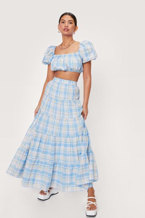 Womens Check Print Tiered High Waisted Maxi Skirt