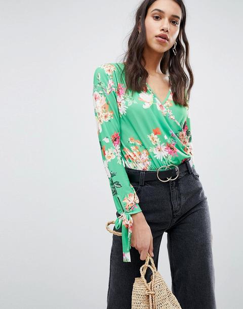 Body De Manga Larga Con Lazada En Los Puños Y Diseño Cruzado Con Estampado Floral Daywear De Asos