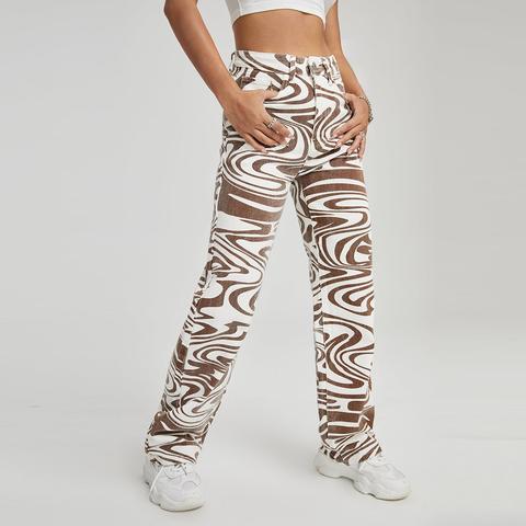 High Waist Allover Print Straight Jeans