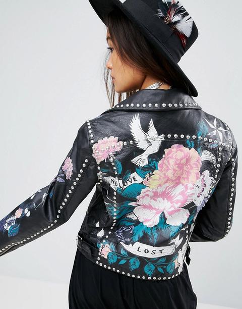 Asos - Giacca Di Pelle Premium Con Borchie E Stampa Di Rose Tatuate - Nero