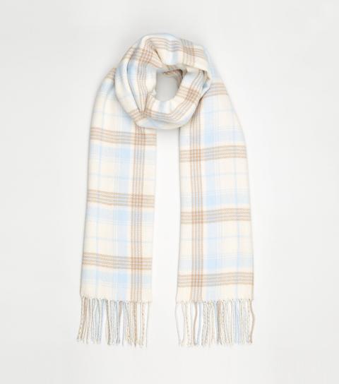 Pale Blue Check Tassel Trim Scarf New Look