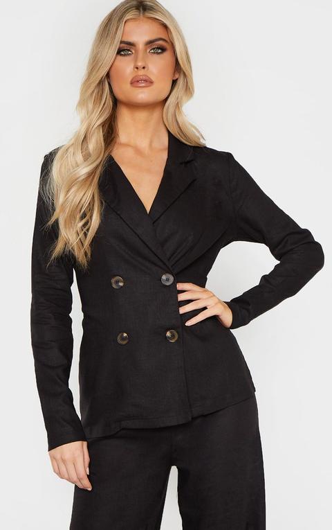 Tall Black Double Breasted Tortoise Button Blazer, Black