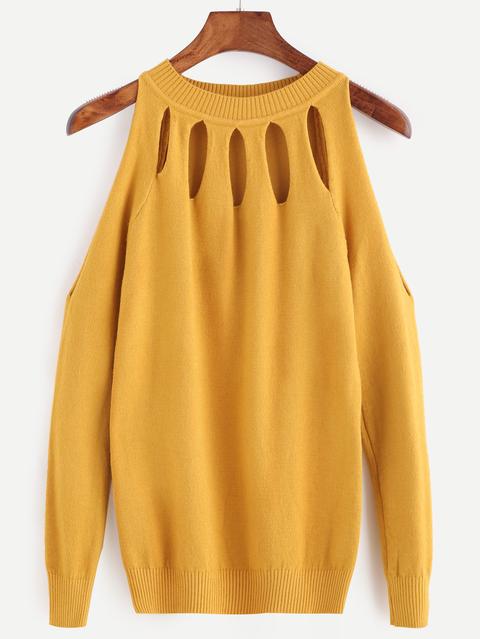 Yellow Open Shoulder Cut Out Sweater