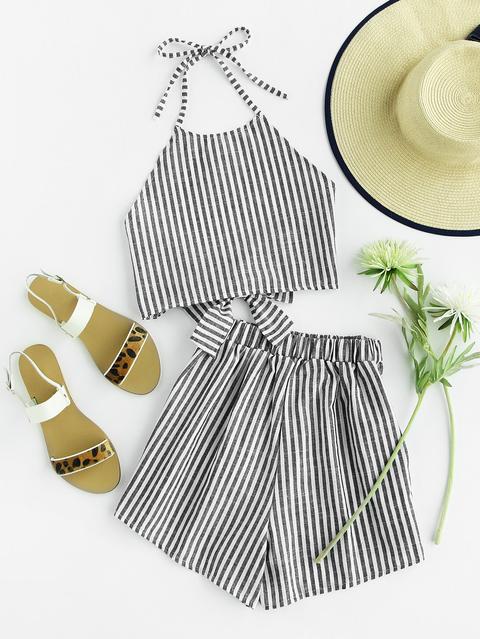 Halter Neck Striped Bow Open Back And Shorts Set