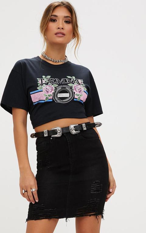 Black Distressed Denim Skirt, Black
