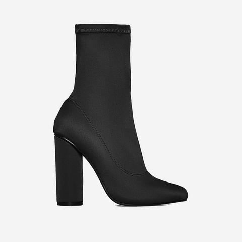 Noelle Block Heel Ankle Boot In Black Lycra, Black