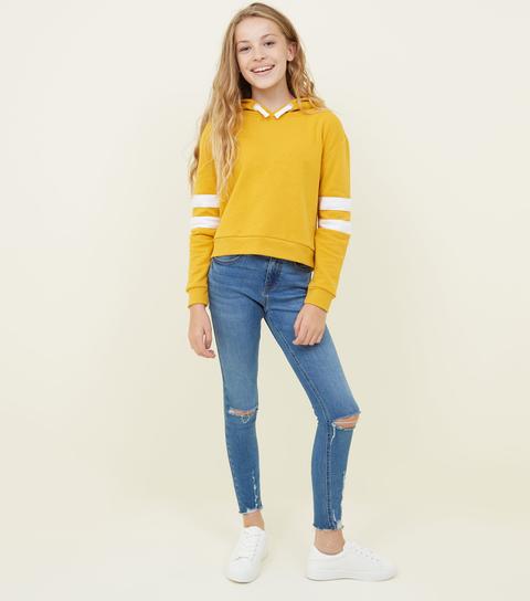 Girls Mustard Stripe Sleeve Hoodie New Look