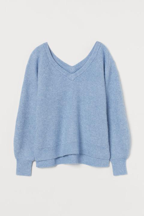 Pull En Maille Côtelée - Bleu