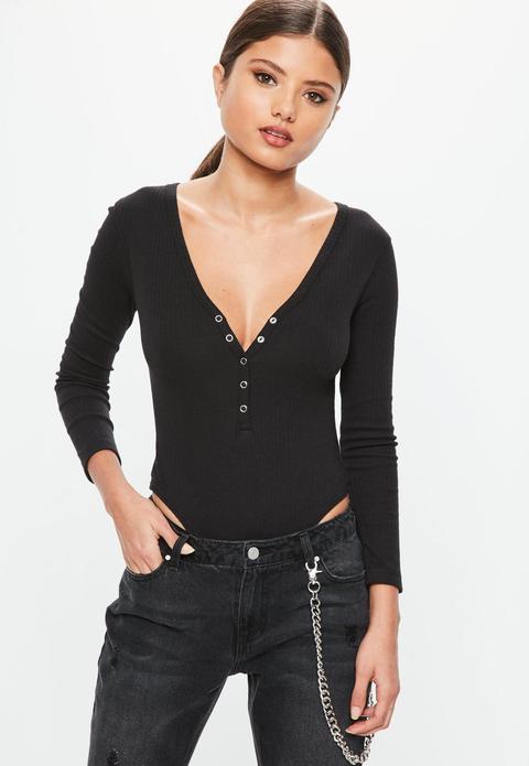 Petite Black Long Sleeve Popper Bodysuit, Black
